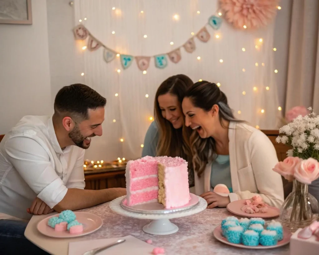 Family and friends gathered around a gender reveal cake at a baby shower, with a slice revealing pink filling and joyful expressions all around.